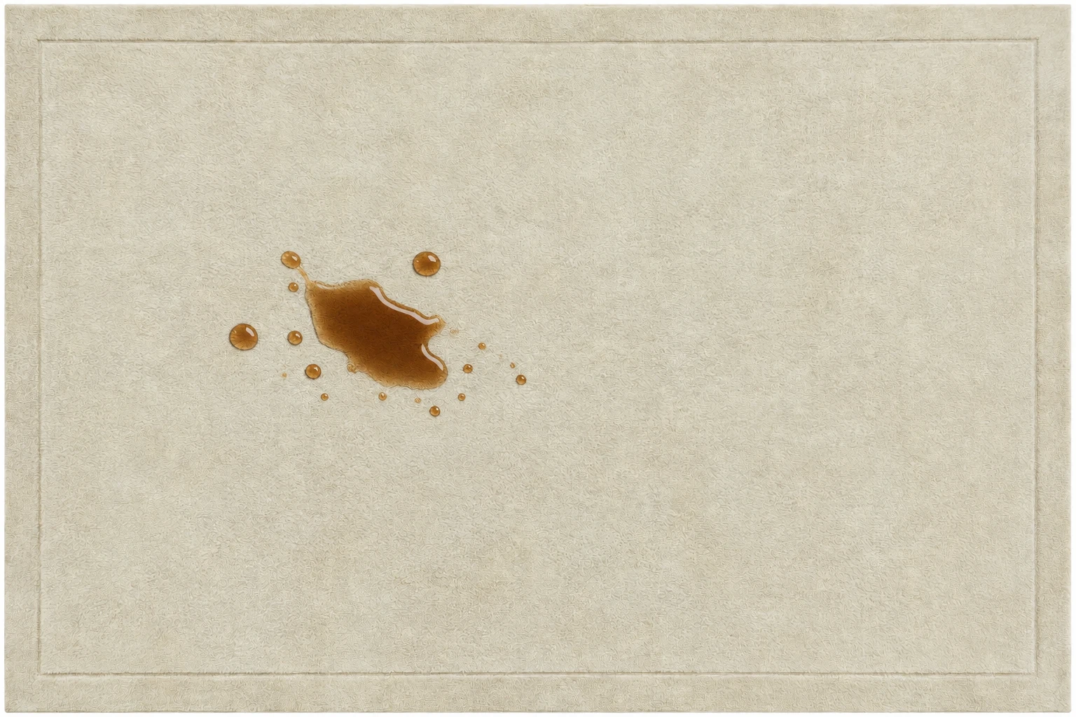 A rug with a fresh coffee spill beading on the surface